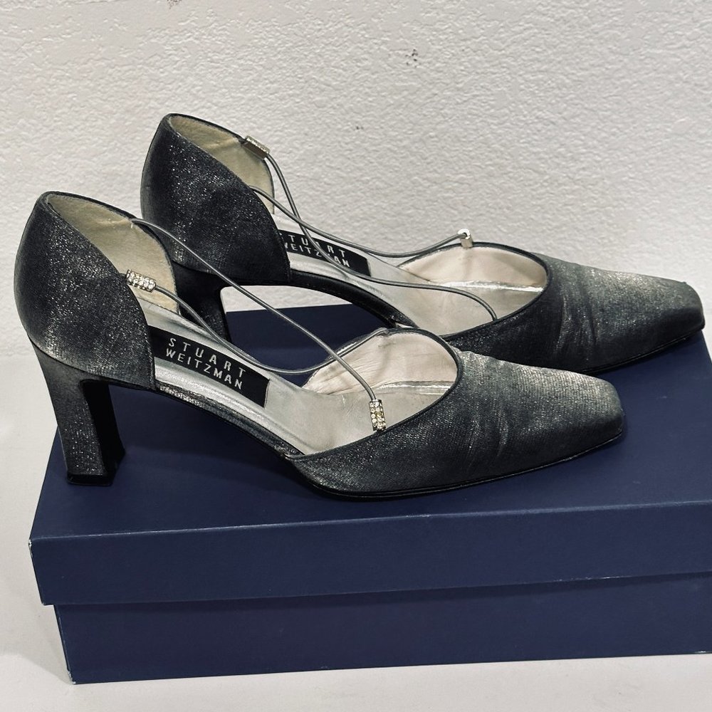 Stuart Weitzman Rondex Heels Pewter Matte Tiny Jewels on Stretch Straps Size 7.5